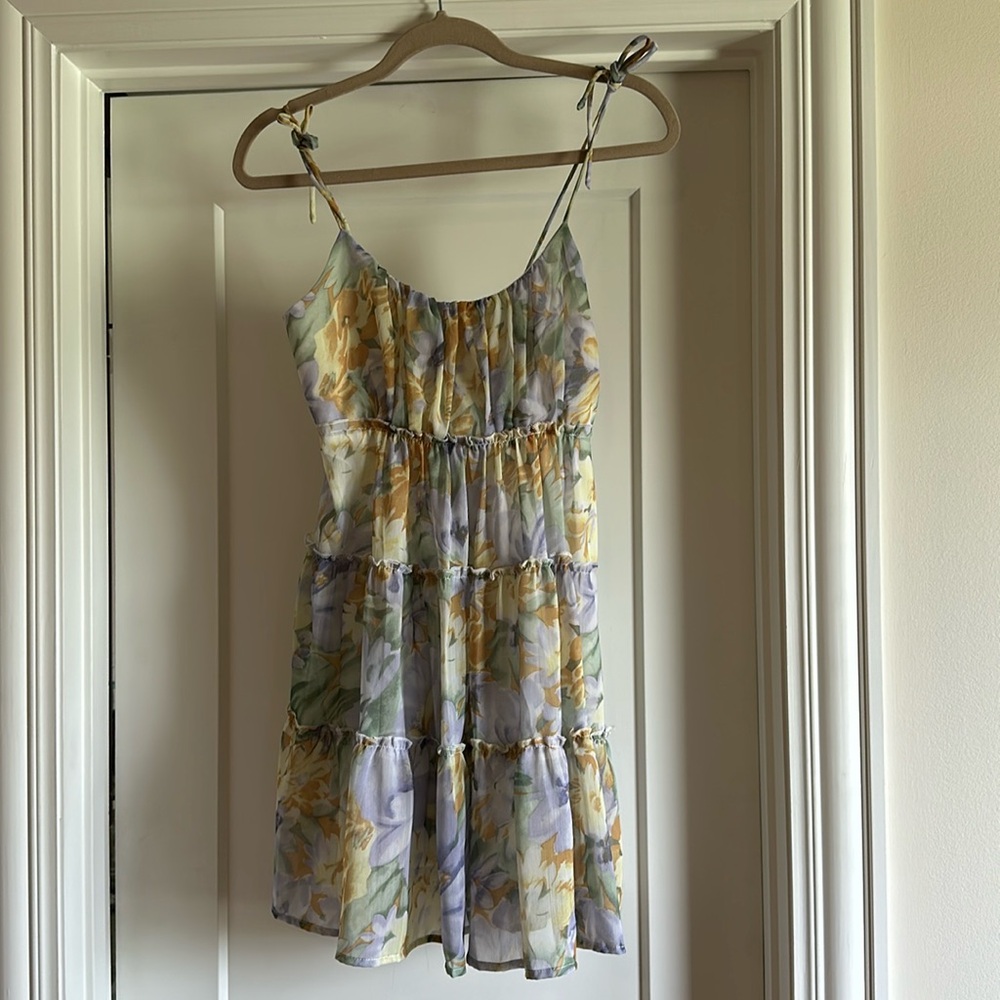 Flowy Floral spaghetti strap tie Mini Dress Purple Yellow Green